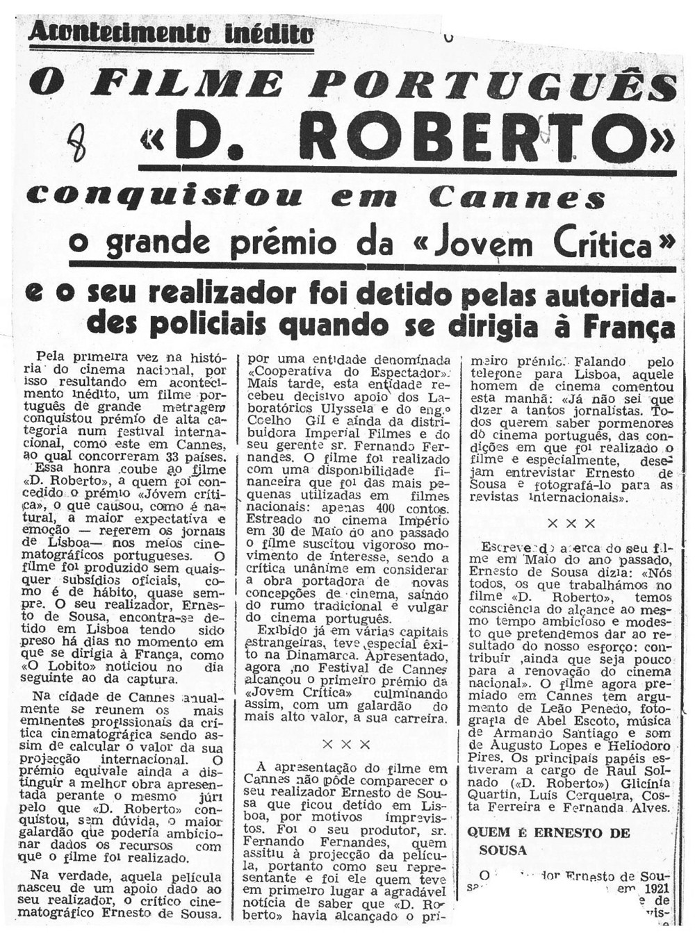  News clip about Dom Roberto's prize in Cannes and Ernesto de Sousa's imprisonment, 1963. 